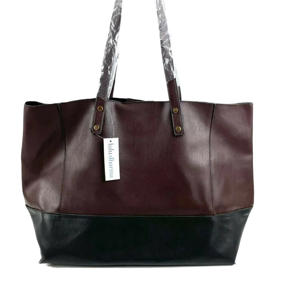Lulu Dharma Colorblock Tote Bag Brown Black Vegan Faux Leather Handbag Purse New